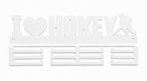 biały minimalistyczny wieszak na medale i love hokey
